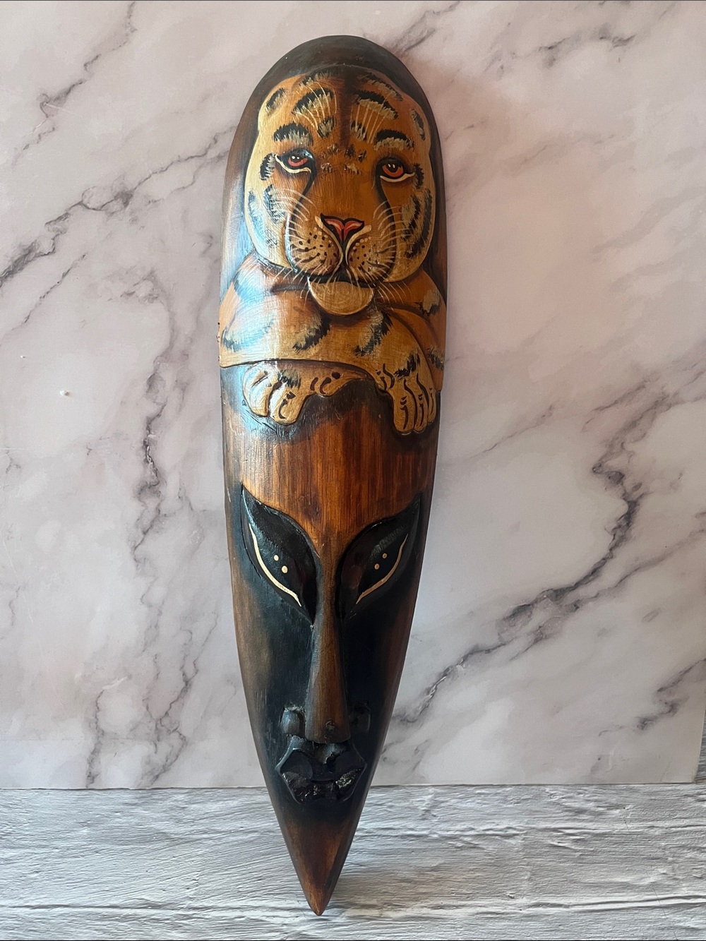 Hand-Carved & Painted Wooden Mask W/Tiger Cub Motif And Face